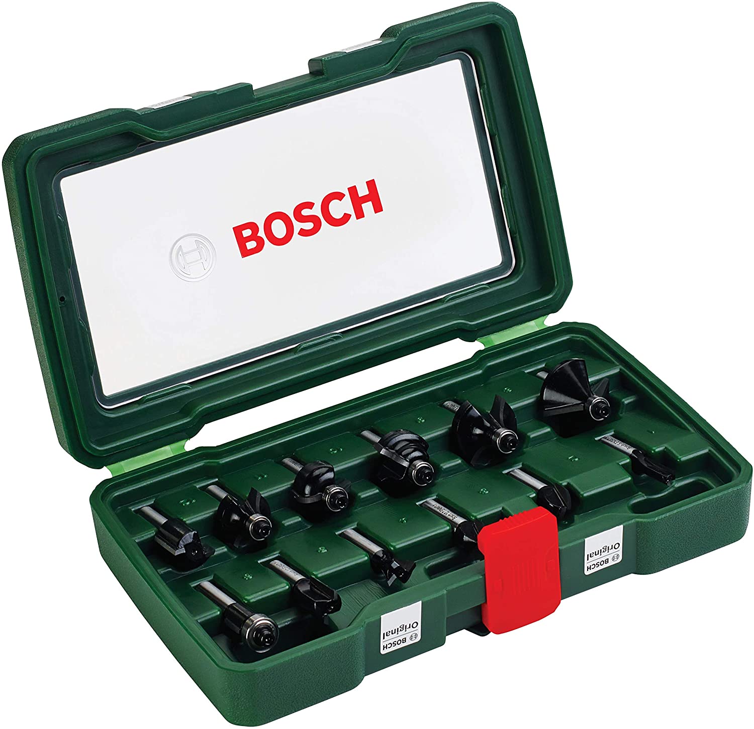 Bosch 12-Piece Tungsten Carbide Router Bit Set (for Wood Shank diameter 8 mm, Accessory Routers), Silver/Black, 12-Piece Set