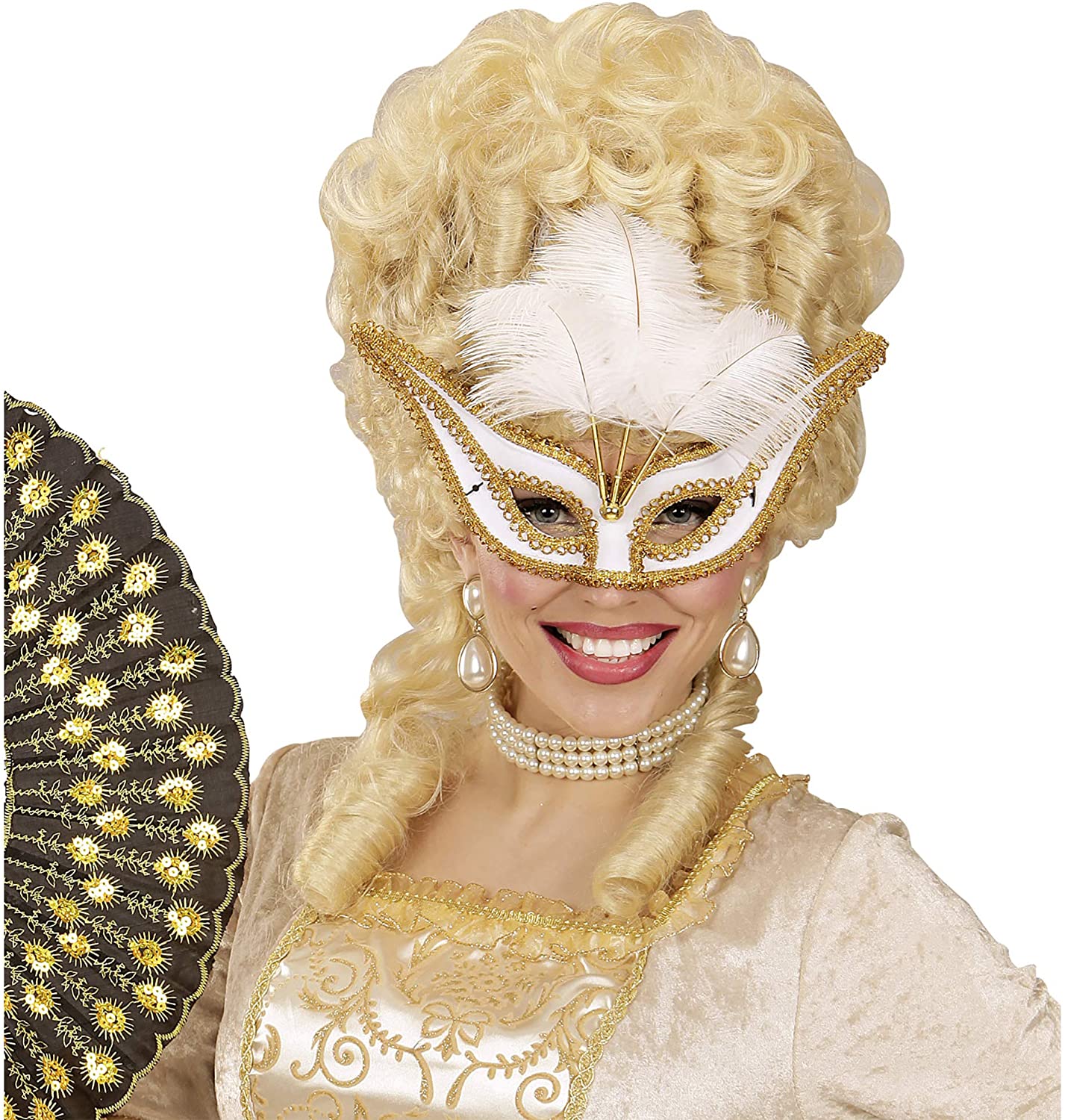 WIDMANN 03656 - Mask with Feathers for Adults Women Venetian Carnival, Party, Theme Parties, White-Gold Color - Image 3