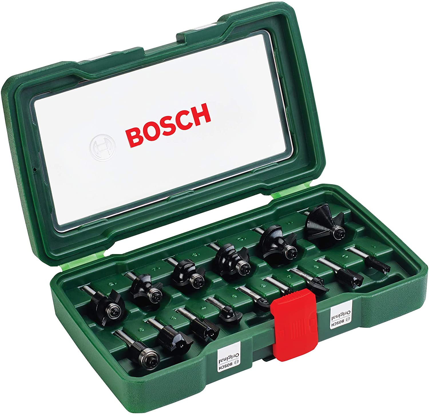 Bosch 2607019468 15-Piece Carbide Router Bit Set (for Wood 1/4-Inch Shank, Accessories for Routers), Silver/Black