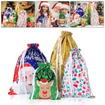 BESTOYARD Christmas Drawstring Gift Bags Goodie Bags Assorted Christmas Prints Treat Gift Bags for Christmas Party Favors Decoration Holiday Favour (Drawstring)