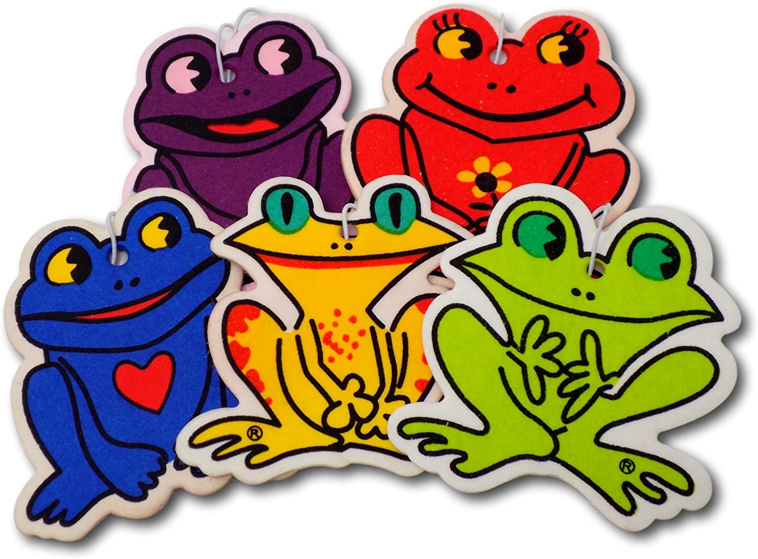 EPOSGEAR 5 Pack Assorted Frog Design Car Air Fresheners - 5 Scent Variety Pack - With Elastic Hanging Loop