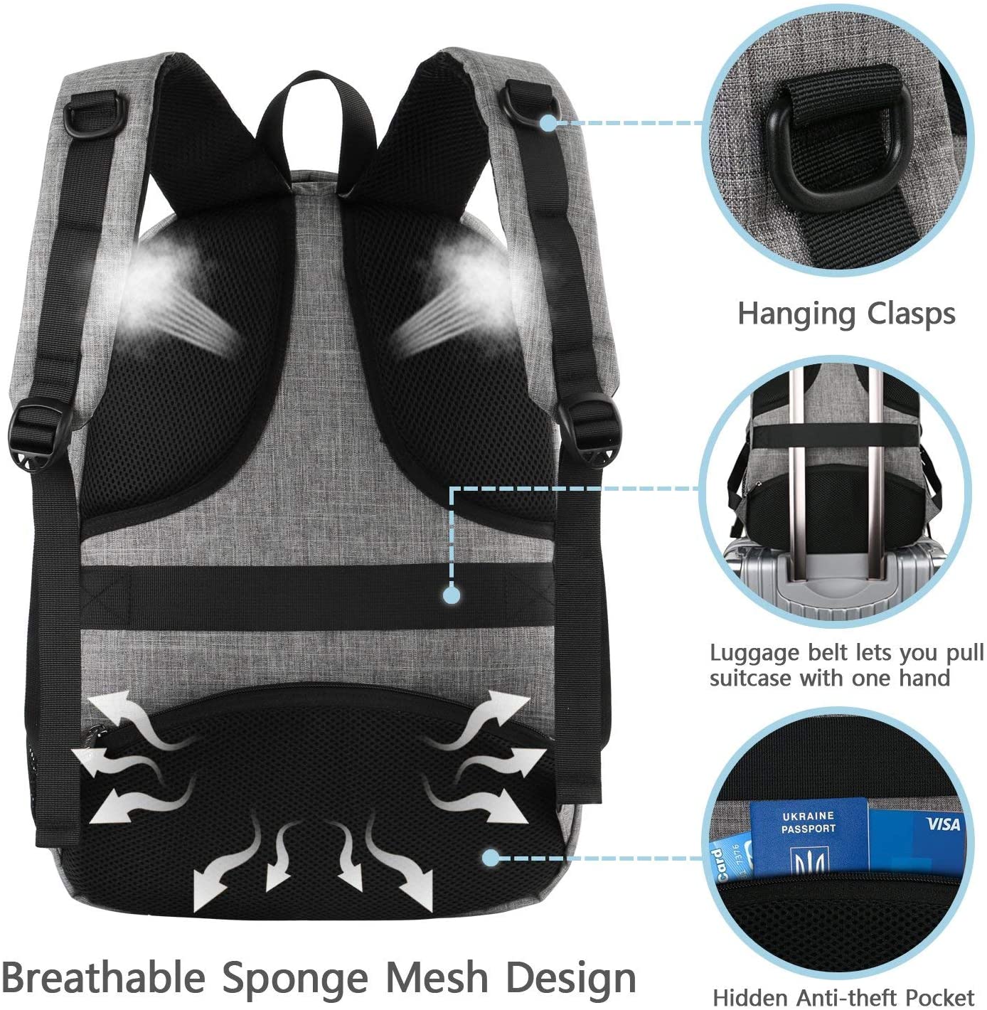 MATEIN Laptop Backpack 17.3 Inch Large Anti-Theft Backpack with USB Charging Port College Bag Daypack for Men Women Water Resistant Laptop Rucksack for Travel Work Business Office Grey - Image 4