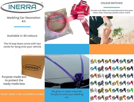 INERRA Wedding Car Decoration Kit - 3 x Large Pre-Assembled 7” Bows with 14-Loops and 7 Metres of Ribbon – With Colour Match (White) - Image 4
