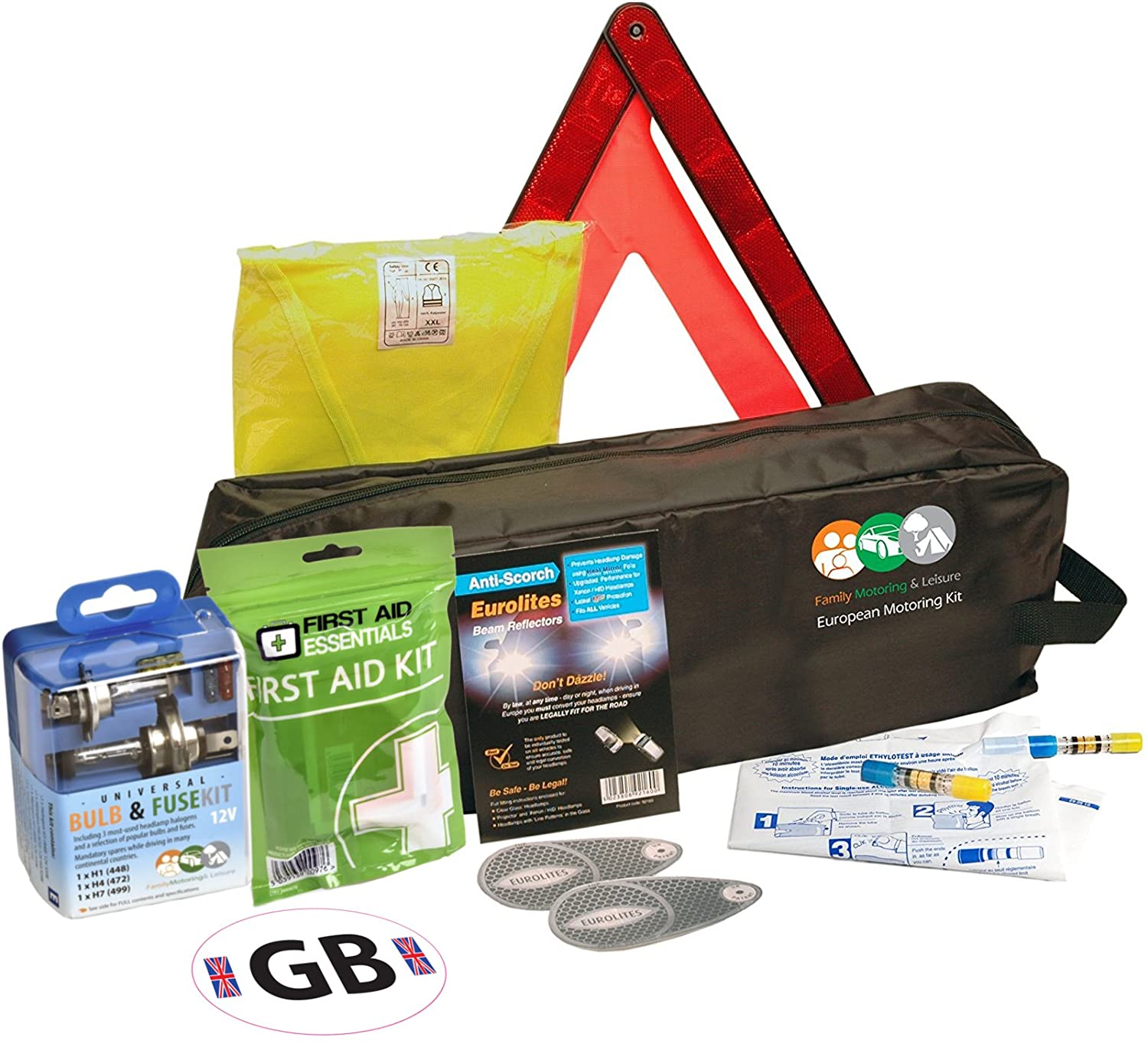 Family Motoring & Leisure 8 Piece European Travel Kit for Driving Abroad Quality Ultimate Safety Abroad European Travel Essentials storage bag & Emergency Roadside Breakdown Kit9