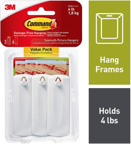 Command Wire-Back Sawtooth Frame Hangers, Holds up to 5 lbs, 3-Hangers, 6 Strips, Decorate Damage-