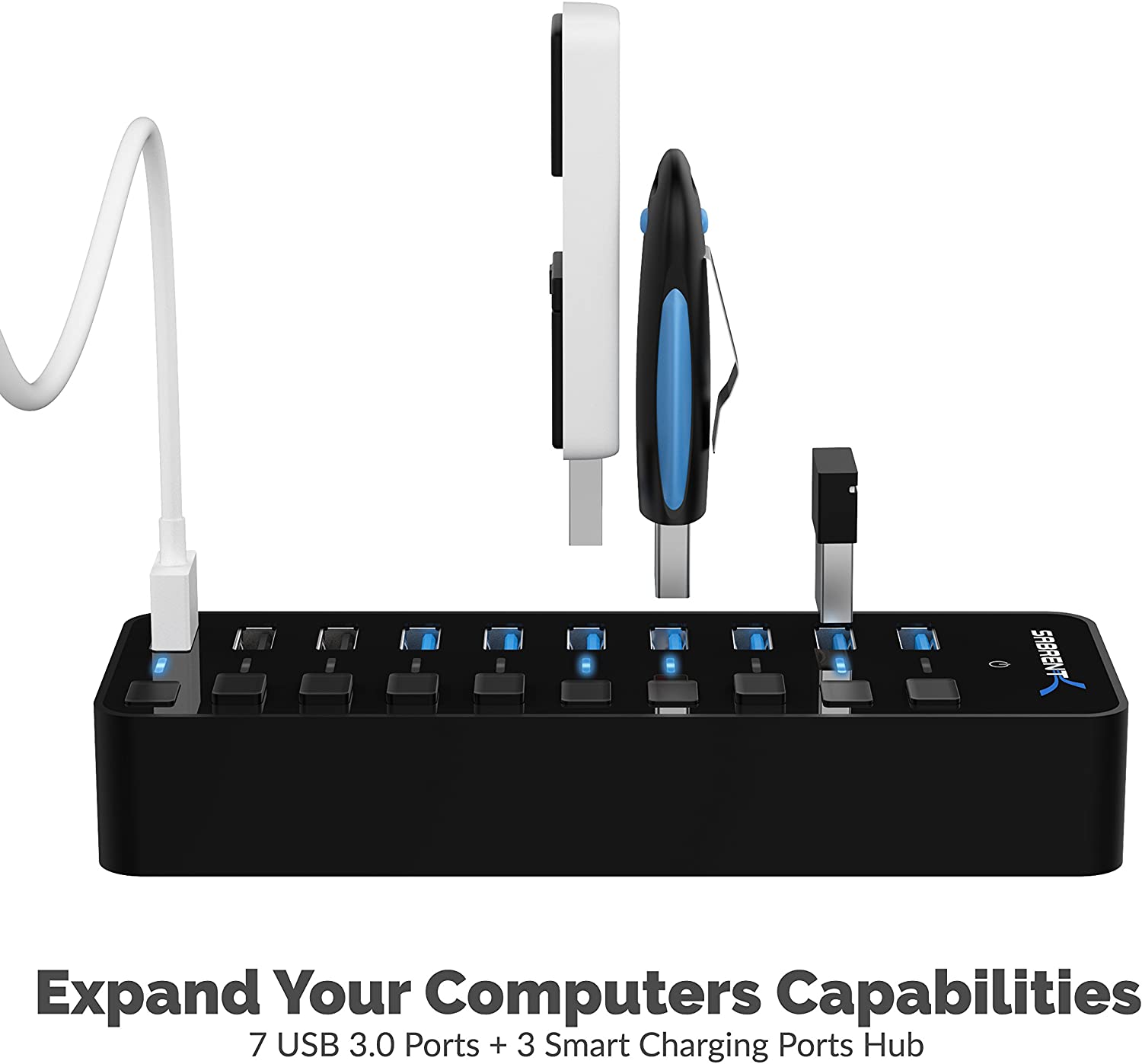SABRENT Powered USB Hub 10 Ports 60W, 3 Smart Charging Ports, 7 Fast Data Transfer Ports, USB Docking Station with Switches (HB-B7C3) - Image 2