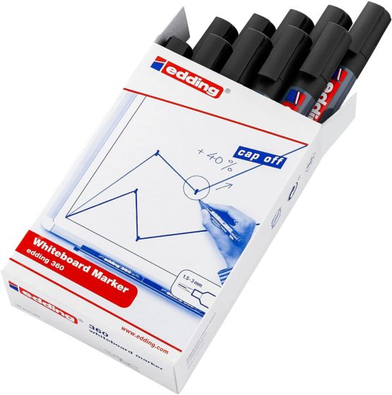 edding 360 Whiteboard Marker - Black - 10 Whiteboard Pens - Round Tip 1.5-3 mm - Whiteboard Pen Dry Wipe - for Whiteboards, Flipcharts, Pinboards, Magnetic and Memo Boards - Sketchnotes - Refillable - Image 2