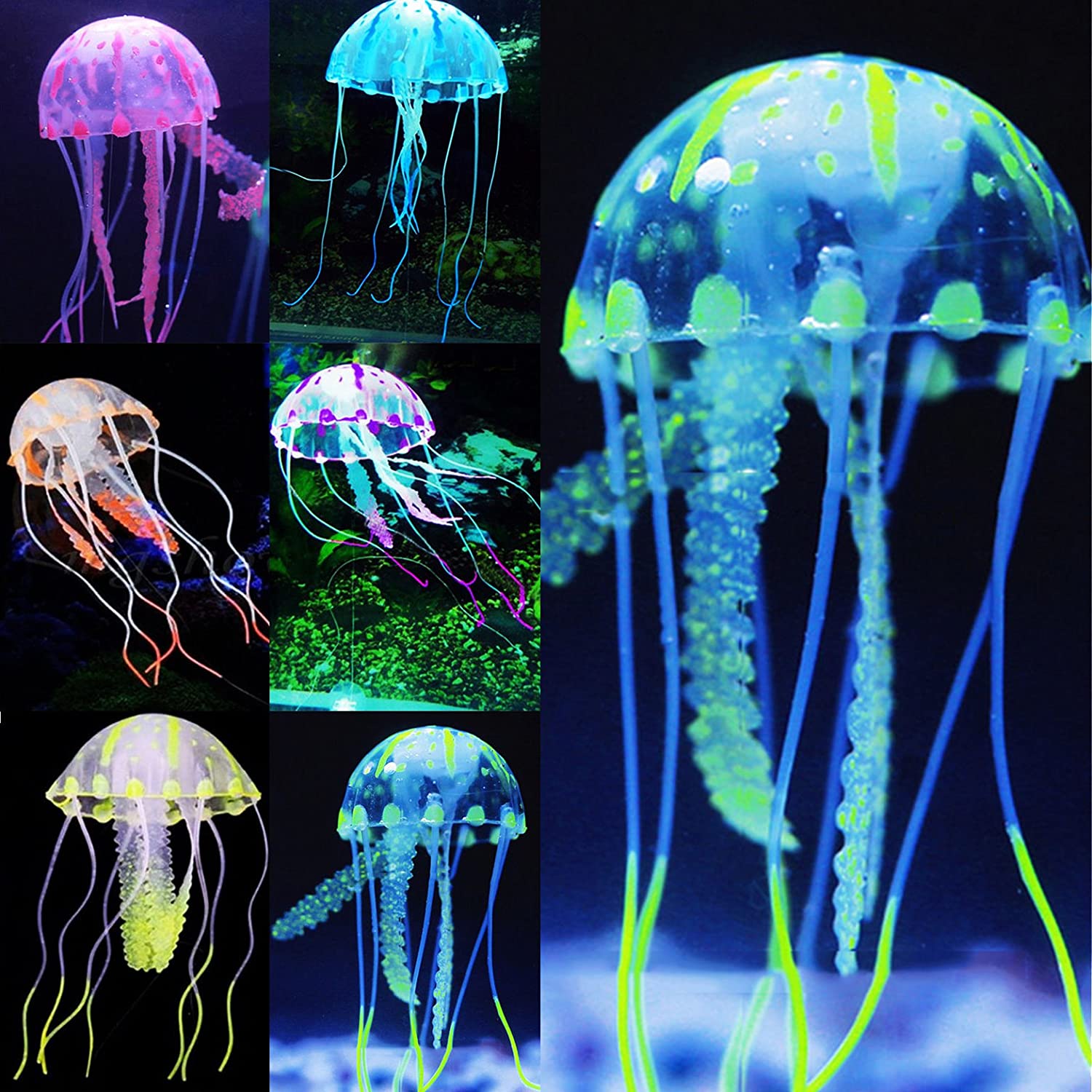 Uniclife 6 PCS Colorful Jellyfish Ornament with Glowing Effect Imitative Aquarium Decoration Addition Lifelike Realistic Silicone Floating Decor for Fish Tank Landscape