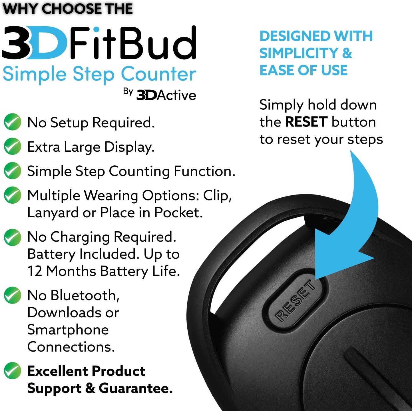 3DActive 3DFitBud Simple Step Counter Walking 3D Pedometer with Clip Lanyard Accurate Step Tracker Large Display Easy to Use for Kids Men Women Adult Seniors Daily Step Tracking A420S - Image 3