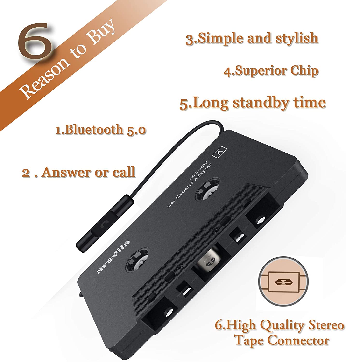 Arsvita Car Audio Bluetooth Cassette to Aux Receiver, Tape Desk