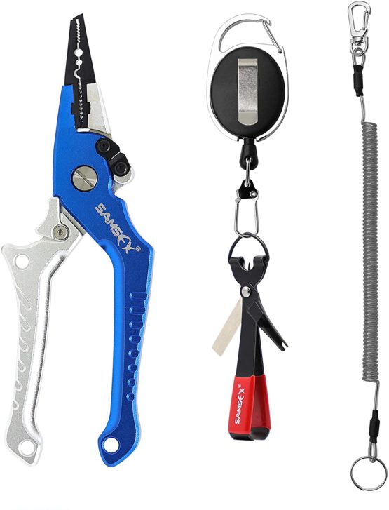 SAMSFX Aluminum Fishing Locking Pliers Saltwater Split Shot Ring Braid Cutter Hook Remover Pliers with Lanyard and Sheath, Quick Knot Tool Combo