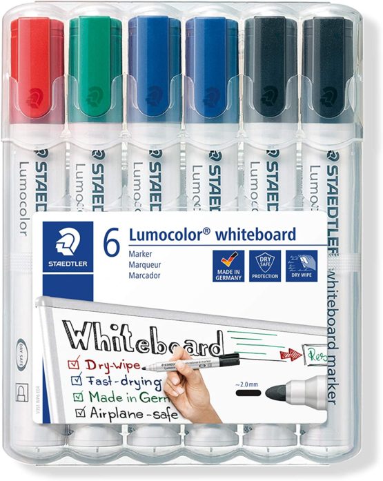 Staedtler Lumocolor 351 Whiteboard Marker Bullet Tip Approx. 2 mm line Width, Set of 6 Markers, high Quality, Made in Germany, can be Wiped Dry and Residue- by whiteboards, 351 WP6X