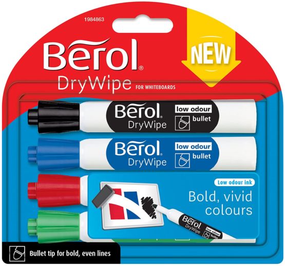 Berol Dry Wipe Bullet Tip Whiteboard Marker - Assorted Standard Colours (Pack of 4)