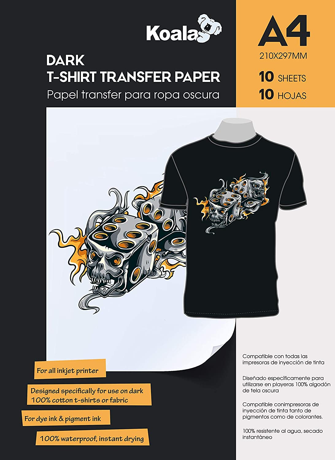 KOALA Premium Inkjet Iron On T Shirt Transfer Paper for Black and Dark Fabrics x 10 Sheets, A4. Vivid, Long-Lasting Images. Easy to Use