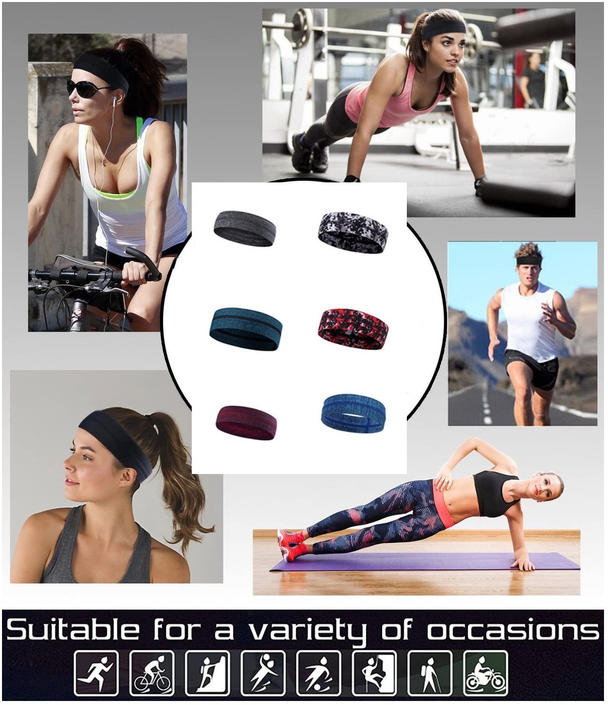 6Pack Men Running Headbands Moisture Wicking Non Slip Basketball Sweatbands Guys Women Sports Hairband Headwrap For Tennis Gym Fitness Excercise,Performance Stretchy & Quick Dr (silicone grey melange) - Image 3