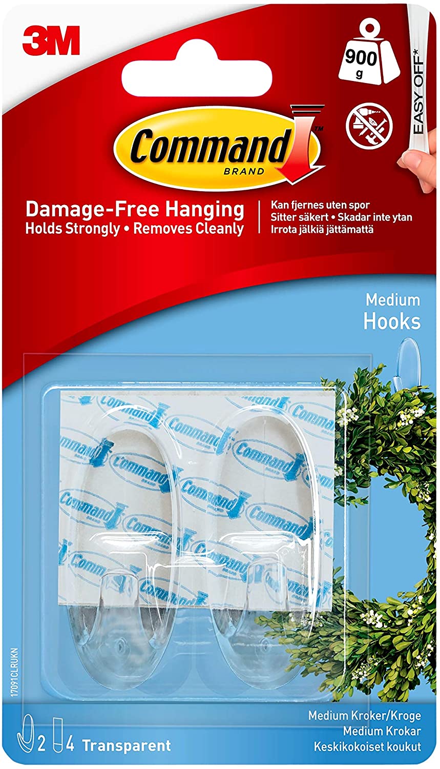 Command Medium Hook, Pack of 2 Hooks and 4 Adhesive Strips, Transparent - Damage Free Hanging - Holds up to 900g
