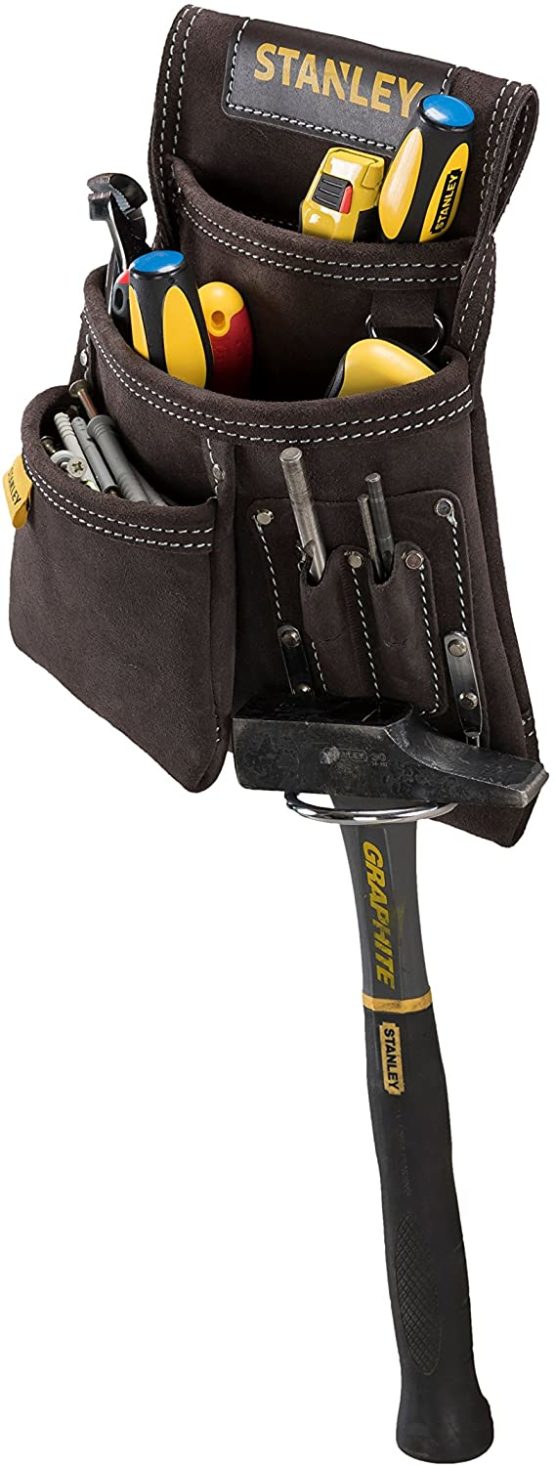 STANLEY Leather Tool Pouch, Double Pocket Storage Organiser, Hammer Loop, STST1-80114