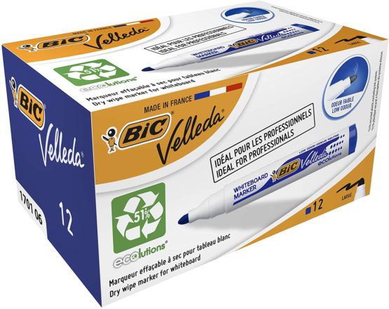 Bic Velleda 1701 Ecolutions Whiteboard Pens, Blue - Box of 12 - Dry Erase Pens for Whiteboards in School or Office