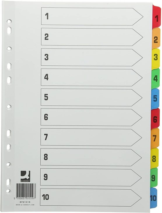 Q-Connect KF01519 Index Reinforced Multi-Colour 1-10 Numbered Tabs