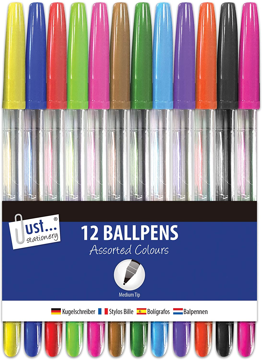 Just stationery 12 Multicoloured Ballpoint Pens, Assorted Colours, Count (Pack of 1), 12 count (Pack of 1)