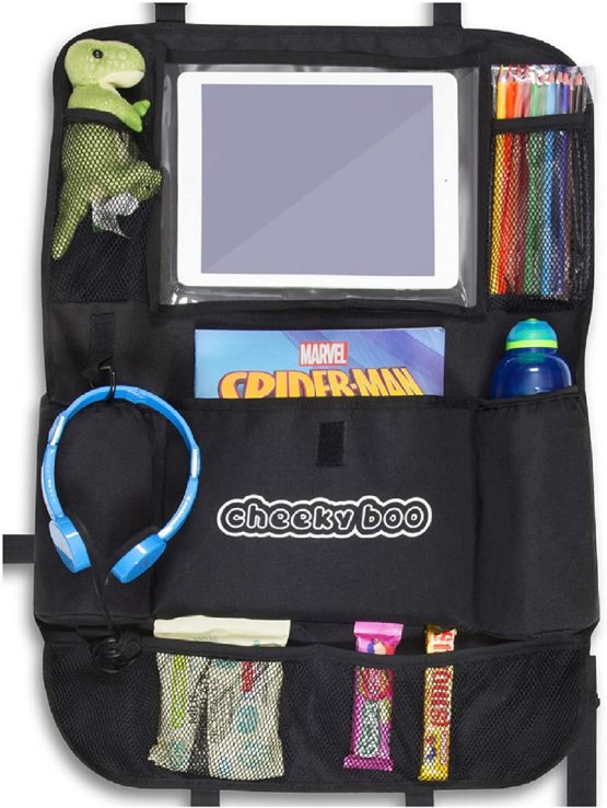 CheekyBoo - Child's Large Car Backseat Organiser with 10.1" Touch Screen iPad/Tablet Holder for Kids and Toddlers. Black Car Storage and Seat Protector. Fits All Cars