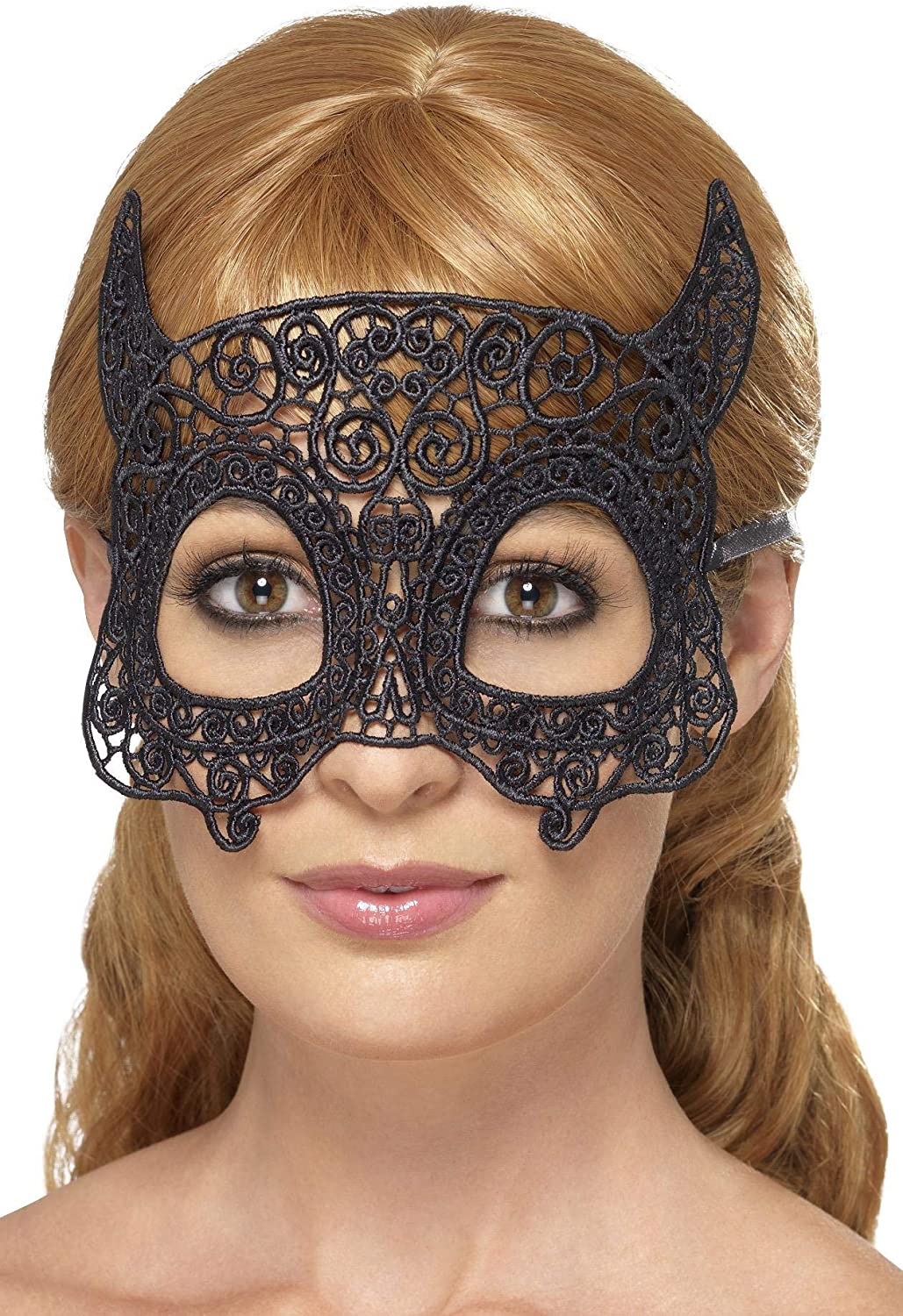 Smiffys Embroidered Lace Filigree Devil Eyemask, Black , Eyemasks Fancy Dress, Adult Dress Up Eye masks
