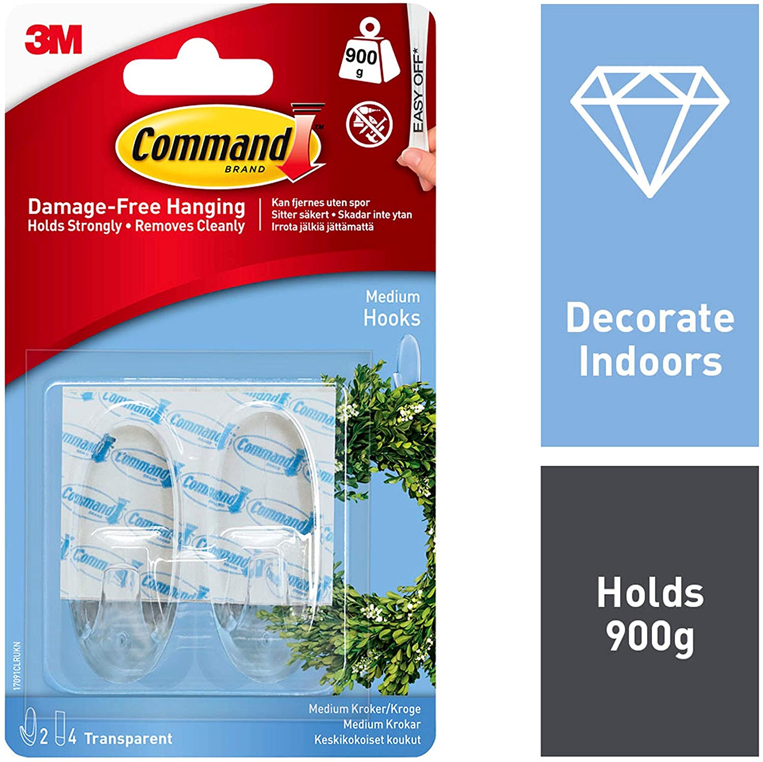 Command Medium Hook, Pack of 2 Hooks and 4 Adhesive Strips, Transparent - Damage Free Hanging - Holds up to 900g - Image 2