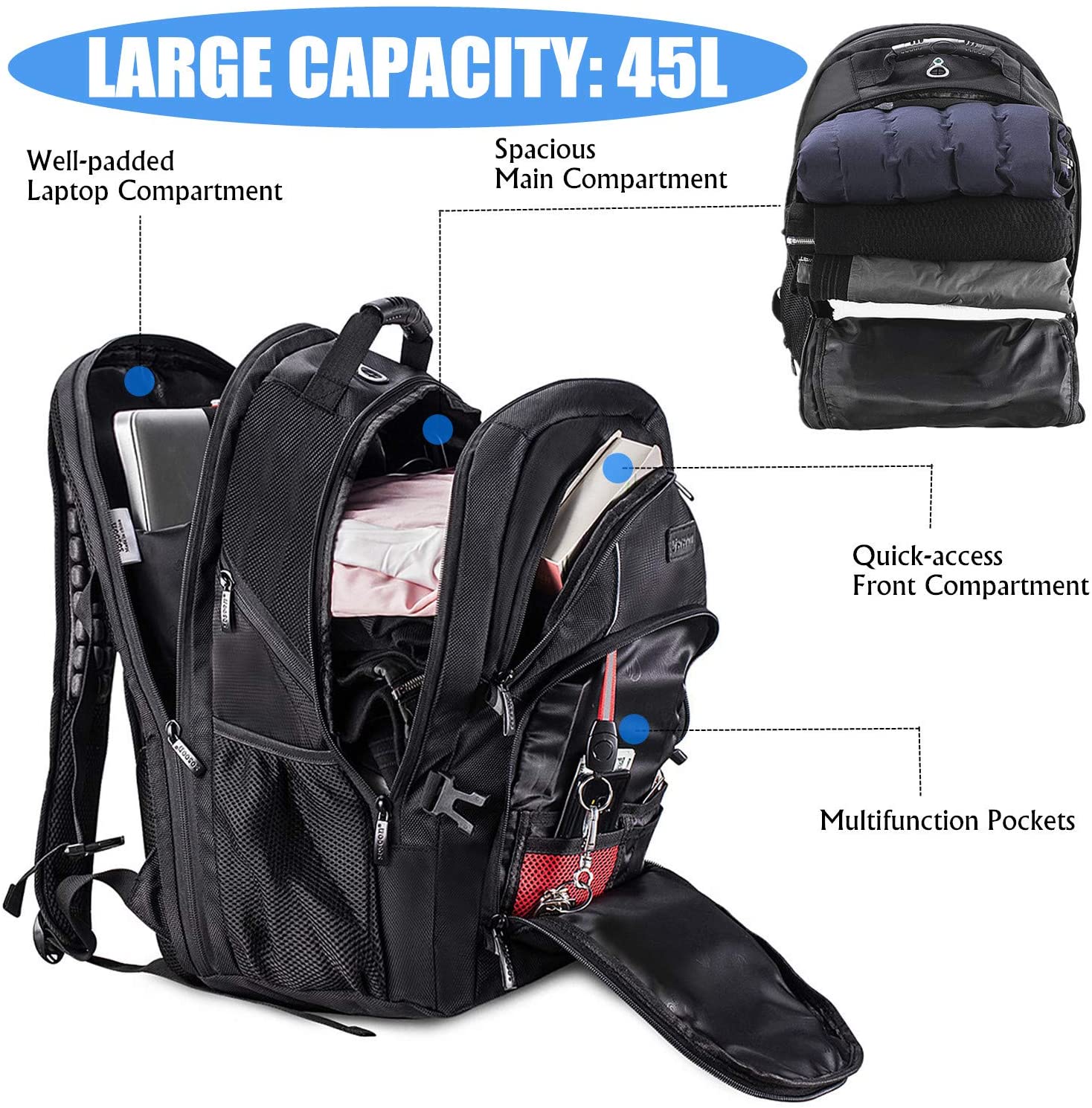 Laptop Backpack, Extra Large 17 Inch Business Travel Rucksack with USB Charging Port Earphone Hole - Image 2