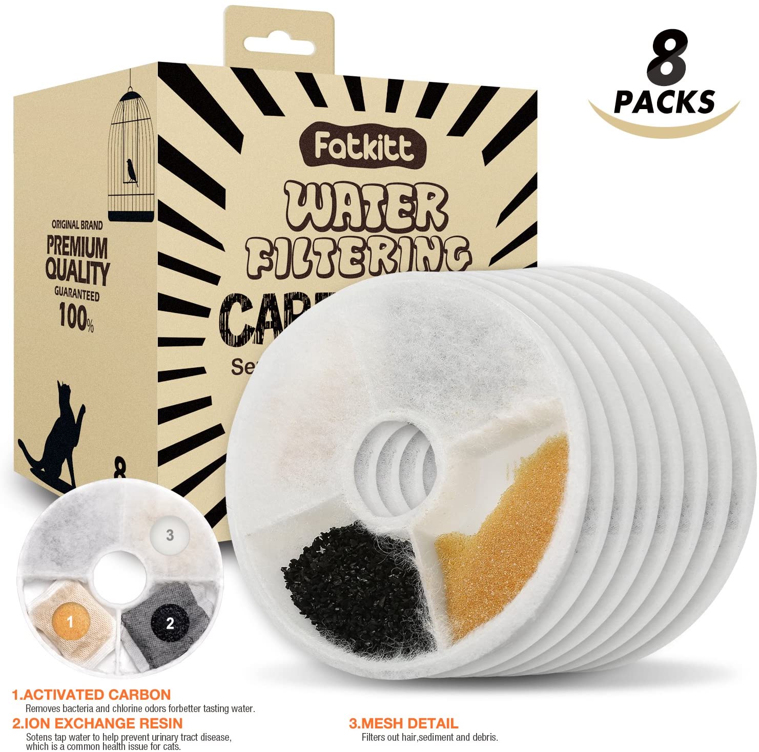 FATKITT Filters for Catit Flower Fountains, 8 Packs Carbon Water