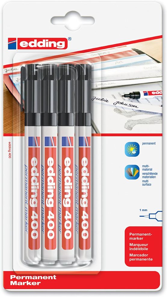 edding 400 Permanent Marker - Black - 4 Pens - Fine Round Tip 1 mm - Waterproof, Quick-Drying, Smear-Proof Pens - For Cardboard, Plastic, Wood, Metal, Glass And Fabric