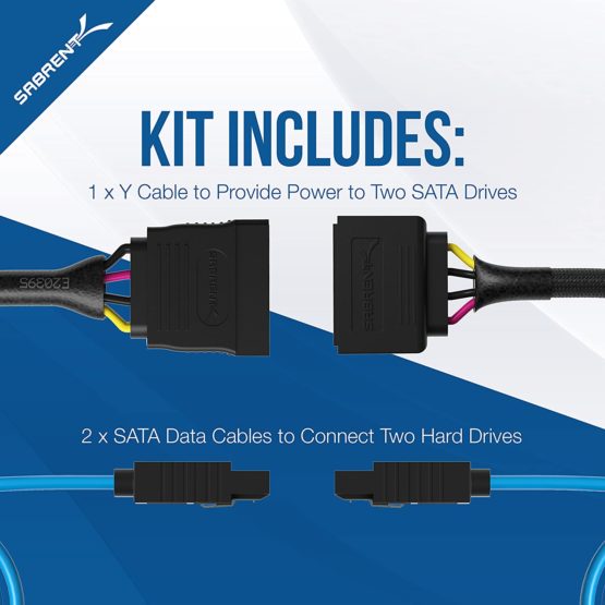 Sabrent SSD/SATA Hard Drive Connection Kit [Molex 4 Pin to x2 15 Pin SATA Power Splitter Cable and x2 SATA Cables (Data)] (CB-SDSP) - Image 2