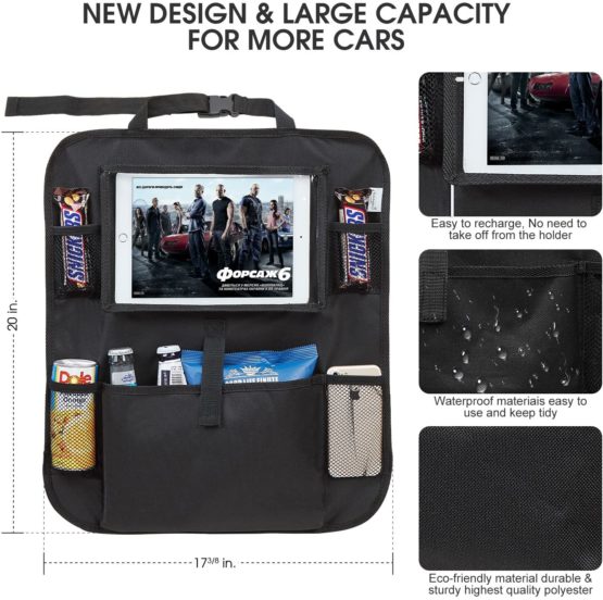 Tech Traders ® Back Seat Car Organiser with 10.1" iPad/Tablet Holder Touch Screen Kids Kick Mat Seat Protector Cover Universal Fit Multi Pockets Children’s Storage - Black - Image 3