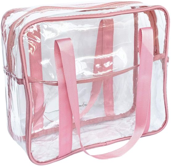 FIYUK Clear Tote Bag Transparent Cosmetic Makeup Toiletry Bag Lightweight Waterproof Organizer Large Storage (Pink)