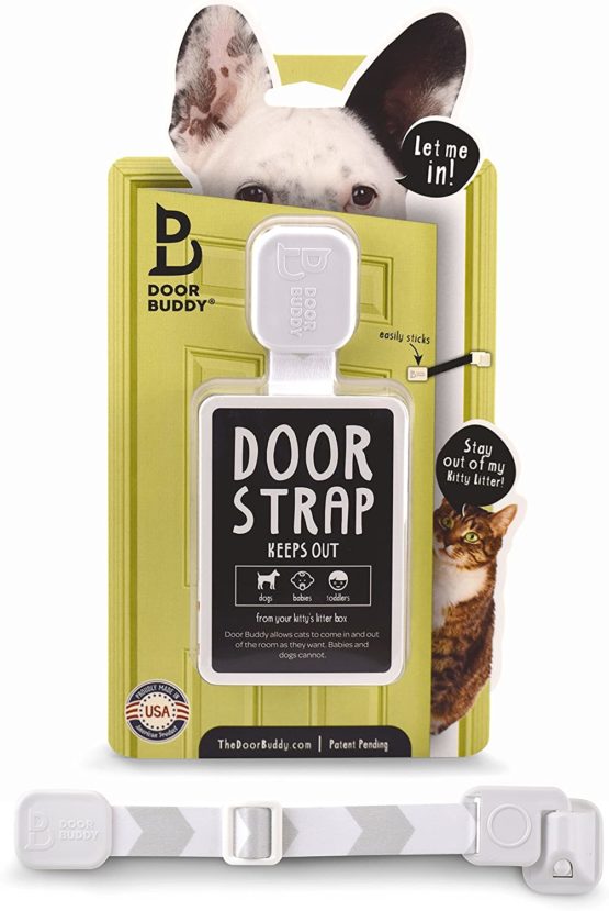 Door Buddy Adjustable Door Strap & Latch. Easy Way To Dog Proof Litter Box No More Pet Gates Or Cat Doors. Convenient Cat & Adult Entry. No Tools Installation. Stop Dog Eating Cat Poop Today! (Grey)