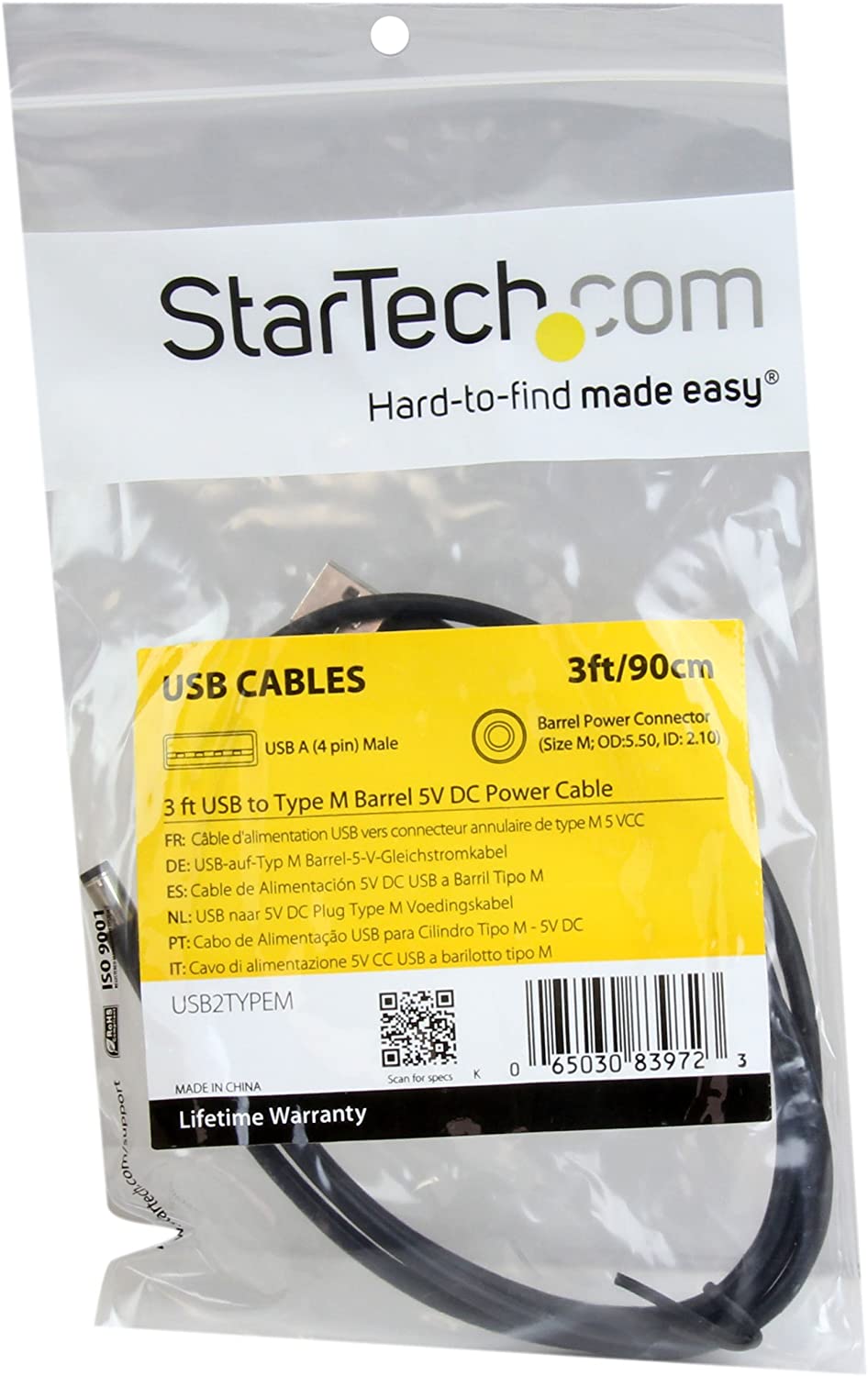 StarTech.com 3ft (91cm) USB to Type M Barrel Cable, USB to 5.5mm 5V DC Power Cable, Molded USB to Barrel Jack 5V DC Plug - Image 4