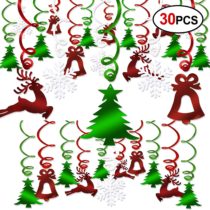 HOWAF 30 Pieces Christmas Hanging Swirl Decoration, Christmas Tree Bell Reindeer Snowflake Swirls Dangling Christmas Ceiling Decorations for Xmas Winter Holiday Party Decoration Supplies