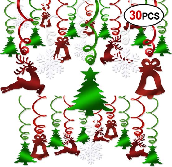 HOWAF 30 Pieces Christmas Hanging Swirl Decoration, Christmas Tree Bell Reindeer Snowflake Swirls Dangling Christmas Ceiling Decorations for Xmas Winter Holiday Party Decoration Supplies