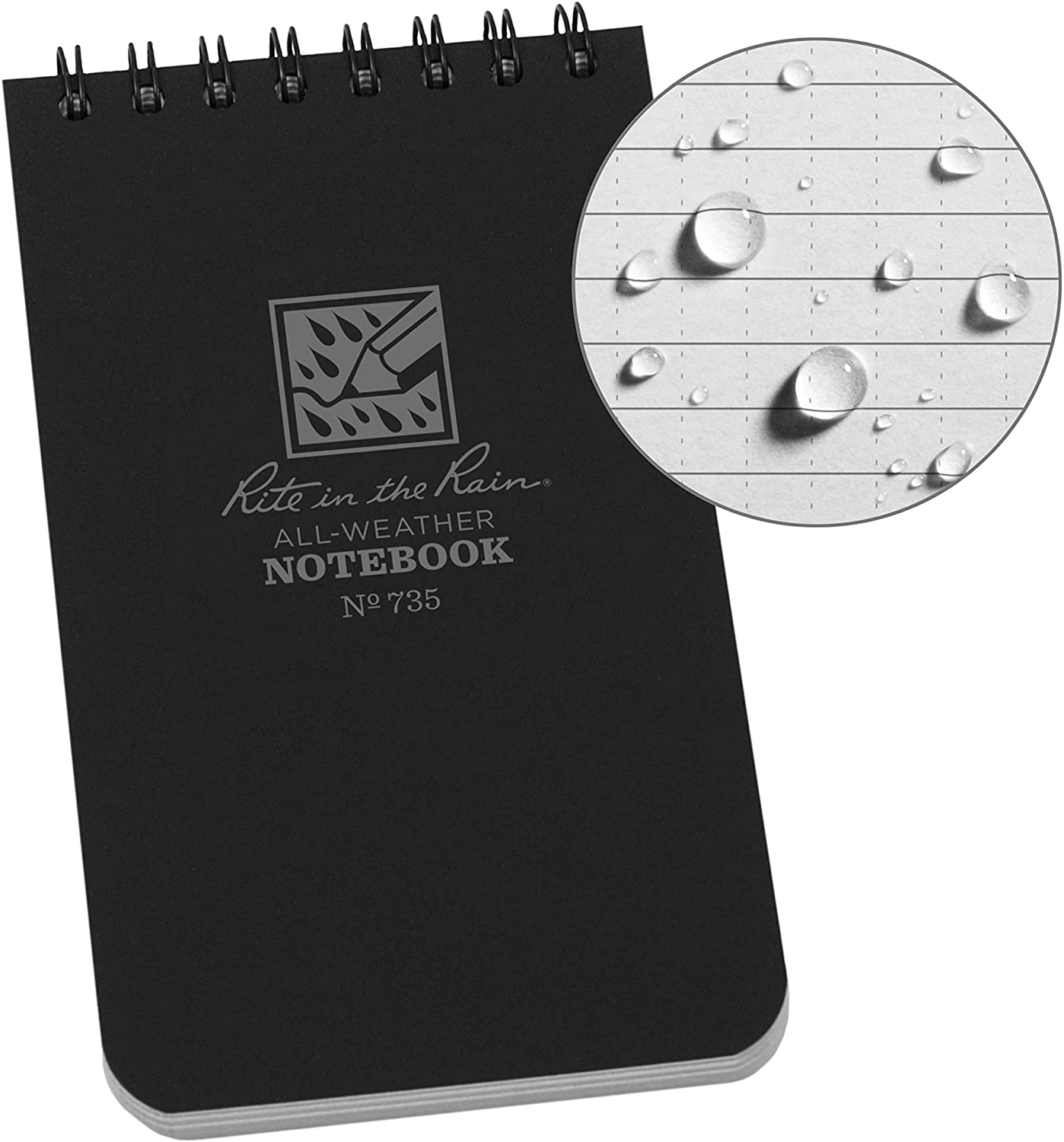 Rite in the Rain Waterproof Paper Universal Pocket Top Wire Bound Spiral Notebook Black 100 Pages 50 Sheets Imperial & Metric Ruler 3 x 5 Inch