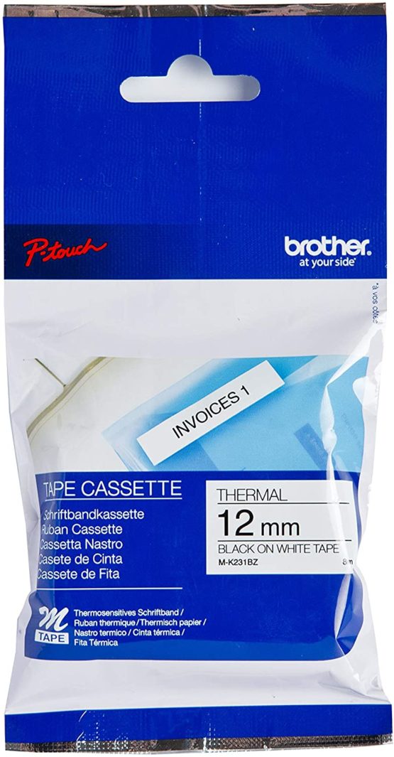 Brother M-K231BZ Labelling Tape Cassette, Black on White, 12 mm (W) x 8 m (L), Brother Genuine Supplies