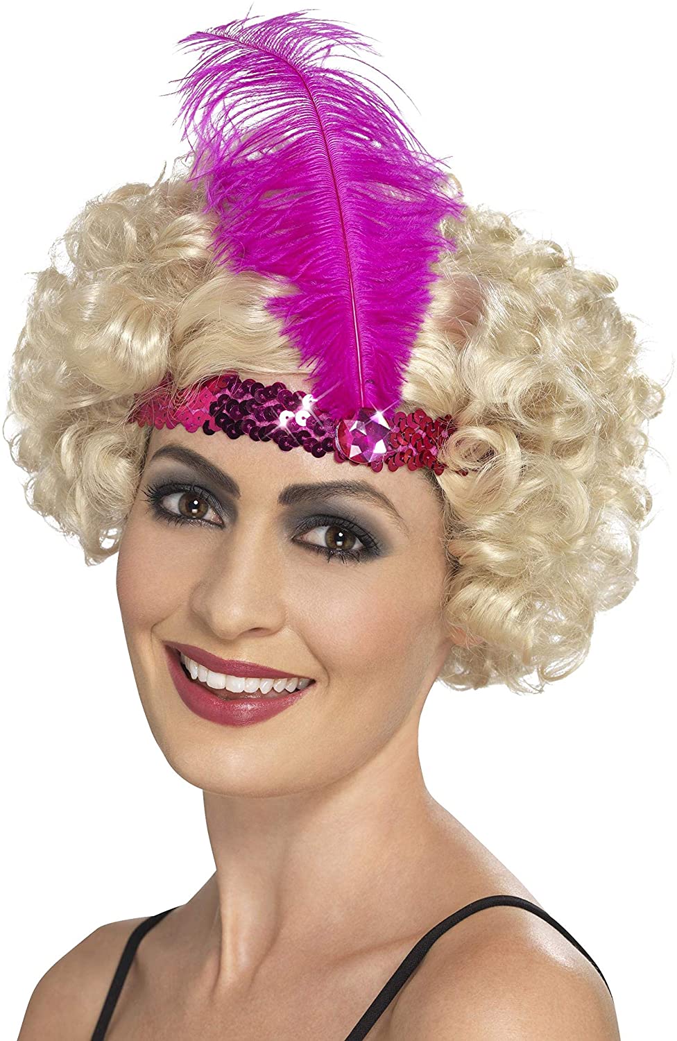 Smiffys Flapper Headband, Pink with Feather, 1920's Razzle Fancy Dress, Adult Dress Up Accessories