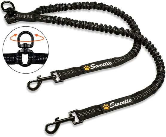 Sweetie Dog Lead Splitter – Dual Shock Absorbing Bungee Double Leash Coupler - Perfect Leads for Walking 2 Small to Medium Dogs on One Lead - No Tangle 360° Swivel Clip - Reflective Stitching