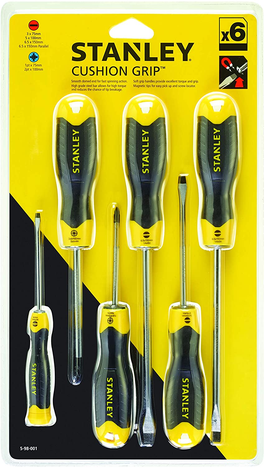 Stanley 598001 Cushion Grip Screwdriver Set (6 Pieces), STA598001, Yellow - Image 2