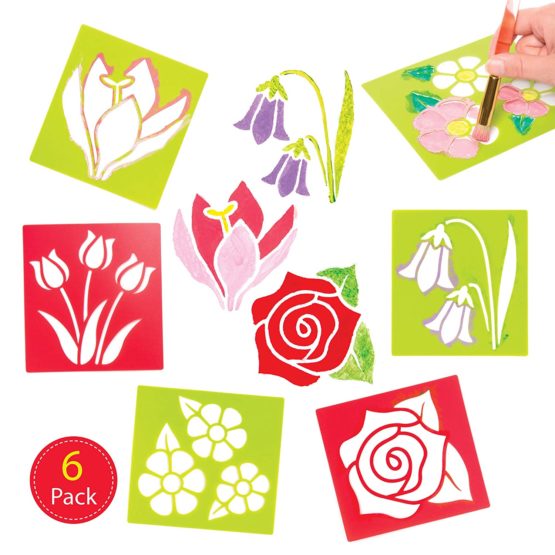 Baker Ross AW284 Flower Stencils-Pack of 6, Floral Kids to Use in Arts and Crafts Activities, Painting and Printing Projects, Assorted