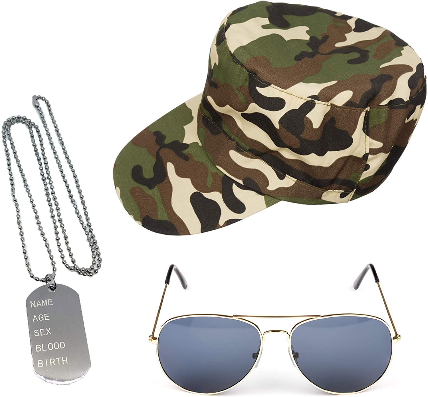 3pc Army Costume Accessories Women and Men, Army Fancy Dress Accessories Set including Camo Cap