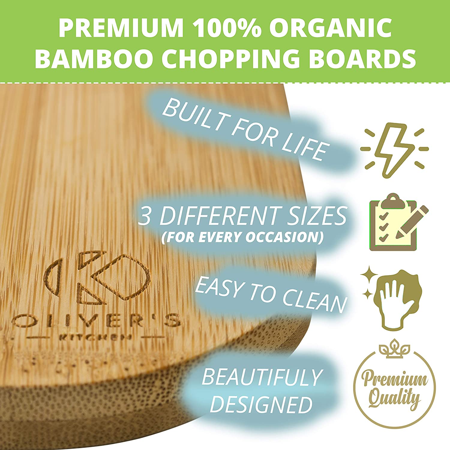 Oliver's Kitchen ® 3 x Set of Wooden Chopping Boards, Different Sizes for Every Occasion, Beautifully Designed - Image 2