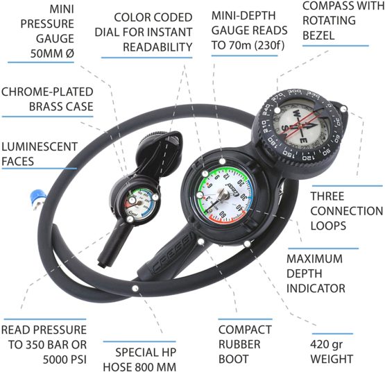 Cressi 3 Compass, Depth and Pressure Gauge Diving Console - Black - Image 2