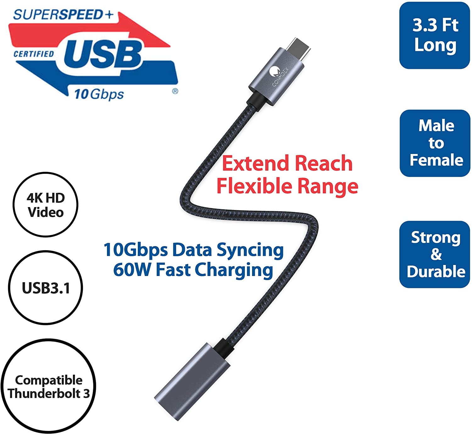 CONMDEX USB C Extension Cable USB C Male to Female USB Cable USB 3.1 Data Charging Cable 10Gbps,20V5A/100W ExtendCord for Wireless charger,Compatible with M1 Macbok Pro,Galaxy,Pixel,USB C Hub 1M - Image 3