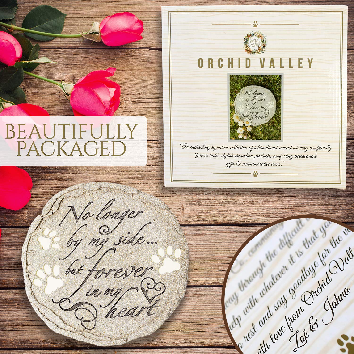 Orchid Valley Pet Loss Grave Marker Memorial Stone No longer by my side but forever in my heart with Paw Prints. Cat or Dog Sympathy Gift. Waterproof Weatherproof Outdoor Remembrance Item - Image 2