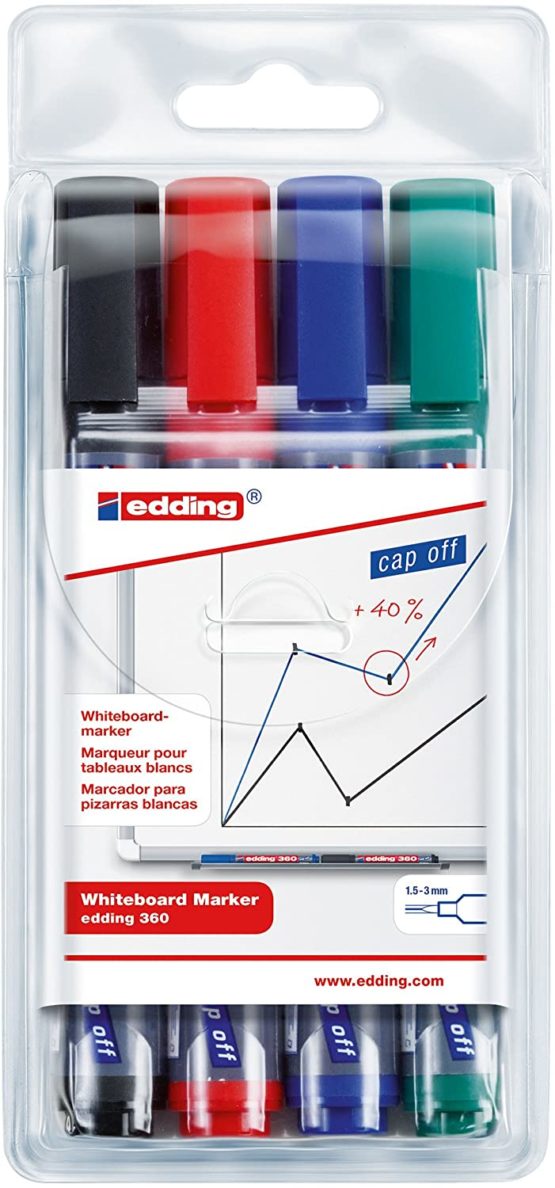 edding 360 Whiteboard Marker Set - Multi-Coloured - 4 Whiteboard Pens - Round Tip 1.5-3 mm - Whiteboard Pen Dry Wipe - for Whiteboards, Flipcharts, Magnetic, Memo Boards - Sketchnotes - Refillable