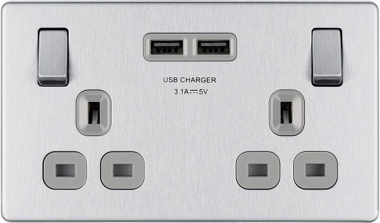BG Electrical fbs22u3g Screwless Flat Plate Double Switched Fast Charging Power Socket with Two USB Charging Ports, 13 A, Brushed Steel, 16.3 cm*18.0 cm*3.1 cm